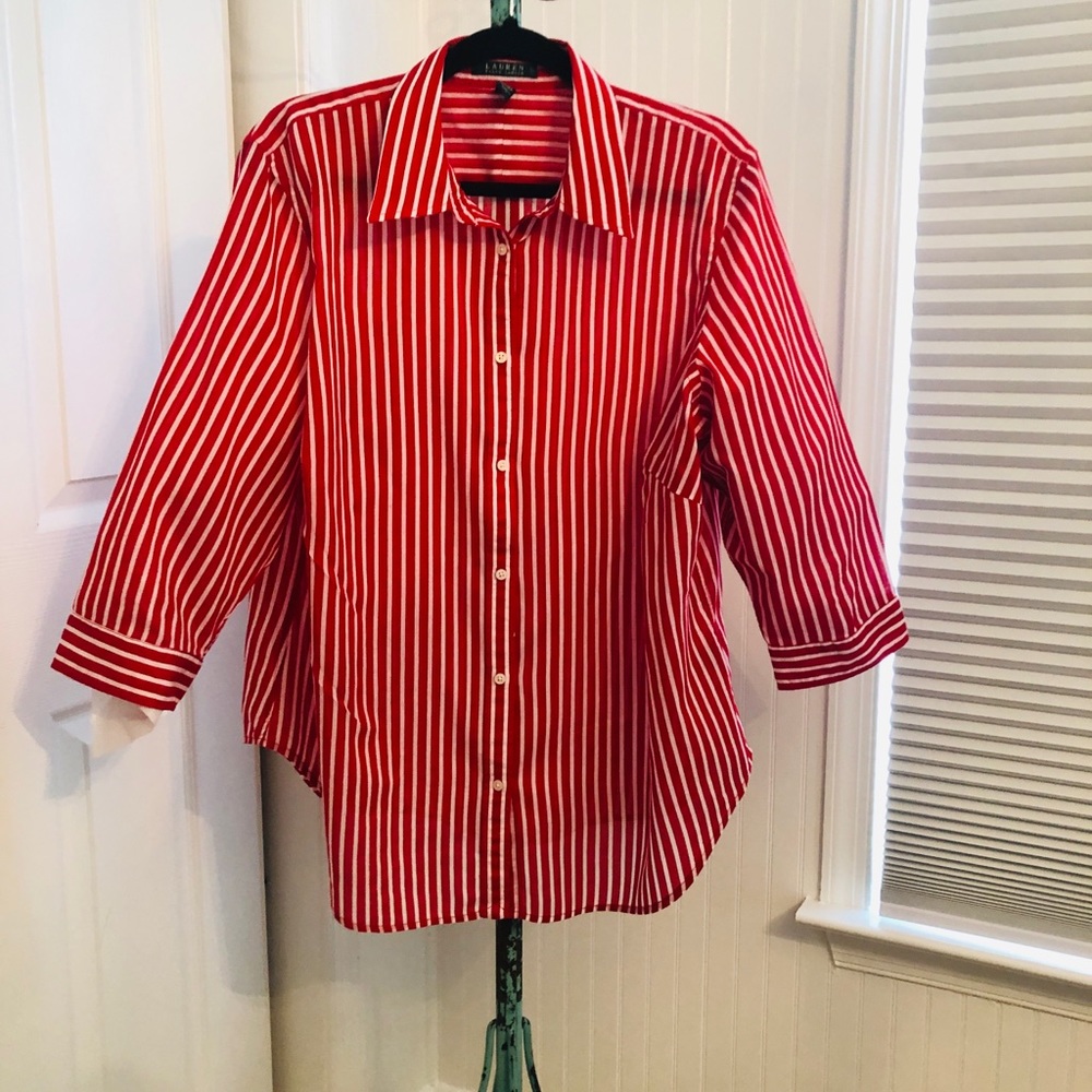 LAUREN RED & WHITE STRIPE COTTON SHIRT WITH 3/4 Sleeves
